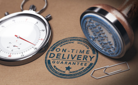 3D illustration of a stopwatch and a rubber stamp with the text on time delivery. Courier service...