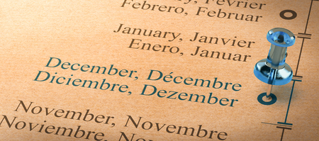 3D illustration of project or business planning with a push pin pointing on december. Months of the year concept.の写真素材