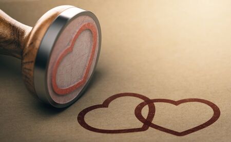 3d illustration of a rubber stamp and two heart shapes over kraft paper background. Concept of love and valentines dayの写真素材