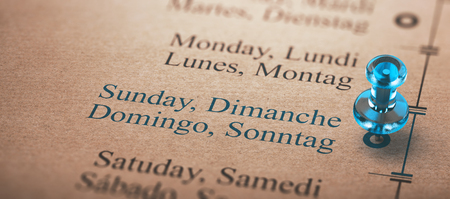 3D illustration of event or project planning with a thumbtack pointing on sunday. Day of the week concept.の写真素材