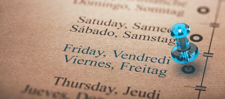 3D illustration of event or project planning with a thumbtack pointing on friday. Day of the week concept.の写真素材