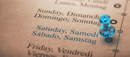 3D illustration of event or project planning with a thumbtack pointing on saturday. Day of the week concept.の写真素材
