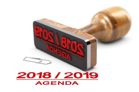 Rubber stamp and 2018 2019 agenda over white background. 3d illustration. の写真素材