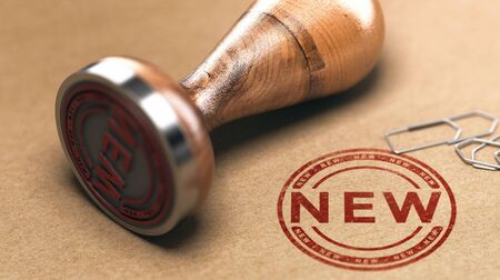 Rubber stamp with the word new over paper background. 3D illustrationの写真素材