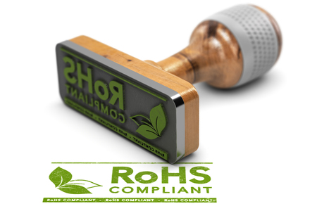 3D illustration of a rubber stamp with the text RoHS Compliant stamped over white backgroundの写真素材