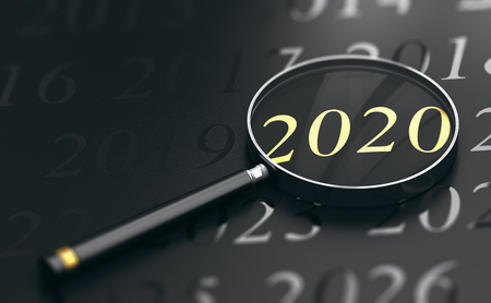 3D illustration of year 2020 written in golden letters and a magnifying glass over black backgroundの写真素材
