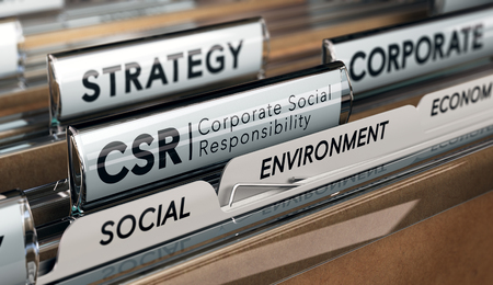 3D illustration of a folder and focus on a tab with the acronym CSR, Corporate Social Responsibility. Conceptual image.