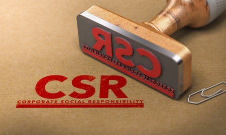 3D illustration of a rubber stamp with the text Corporate Social Responsibility (CSR), stamped on paper background.の写真素材