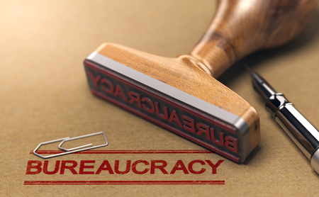 Bureaucracy words stamped on a brown paper with rubber stamp. Red tape concept. 3D illustrationの写真素材