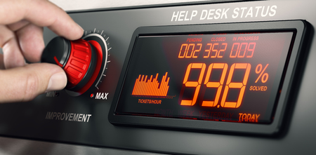 Man turning a button on a dashbord to improve help desk performance. Composite image between a hand photography and a 3D background.の写真素材