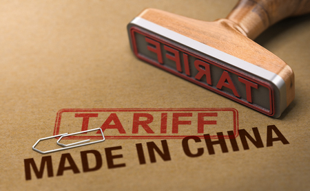 3d illustration of a rubber stamp over cardboard background with the words made in China and tariff. Concept of trade war.の写真素材