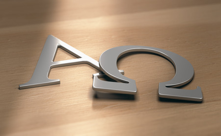 3d illustration of alpha and omega symbols, first and last letters of the greek alphabet.の写真素材