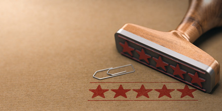 Five stars rating label over brown paper background. Customer review concept. 3d illustrationの写真素材
