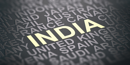 Focus on the word India written with golden letters and many other country names. 3D illustration.の写真素材