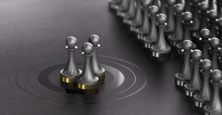 3D illustration of pawns over black background with three of them in the center of a target . Talent Scouting and spotted talents conceptの写真素材