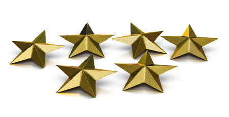 3D illustration of six golden stars over white backgroundの写真素材