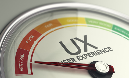 3D illustration of an user experience gauge with the needle pointing very bad UX design.の写真素材