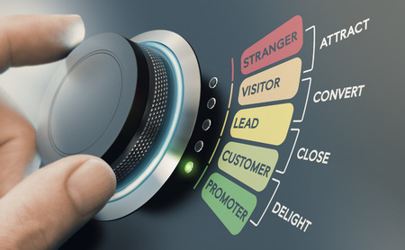 Man turning knob with different stages of sales process to convert strangers into promoters. Successful inbound marketing campaign concept.の写真素材