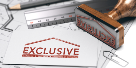 3d Illustration of a card with the word exclusive printed in red and a rubber stamp over blueprint. Real estate agency conceptの写真素材