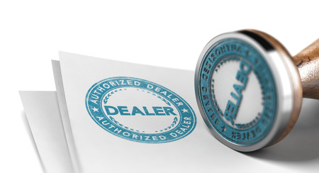 3d illustration of a rubber stamp with the text authorized dealer printed in blue color on a sheet of paper over white background.の写真素材