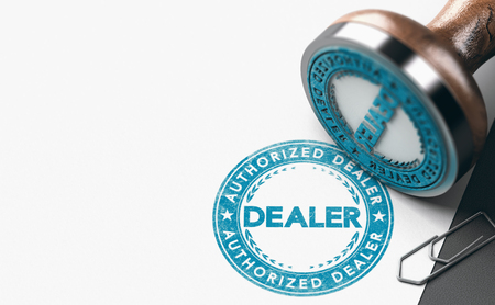 3d illustration of a rubber stamp with the text authorized dealer printed in blue color on a sheet of paper.の写真素材