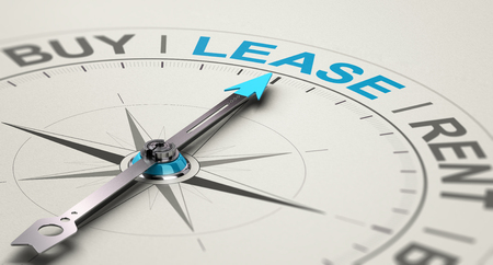 Conceptual compass with needle pointing the word lease. Concept of choosing between buying, renting or leasing a car or an equipment. 3D illustrationの写真素材