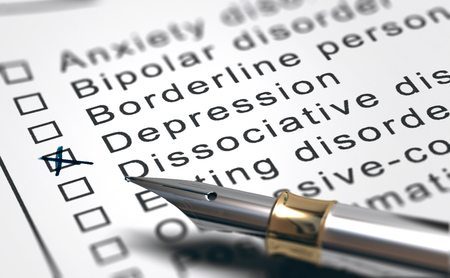 3D illustration of a sheet of paper with a list of mental health disorders with diagnosis of depression and a fountain penの写真素材