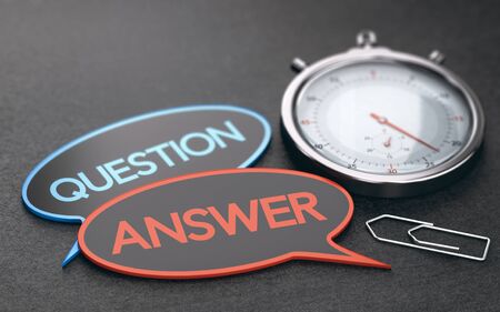 Stopwatch over black background with speech bubbles with the words question and answer. Concept of customer service wait times. 3D illustrationの写真素材