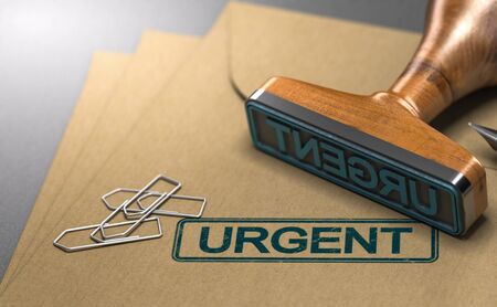 3D illustration of three envelopes and a rubber stamp with the word urgent stamped on the first one.の写真素材