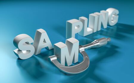 Word sampling written in 3d with a micrometer over a blue background. Quality control concept. 3D illustrationの写真素材