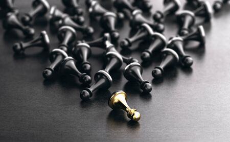 3D illustration of fallen pawns over black background. Concept of key person disability and chain reaction.の写真素材