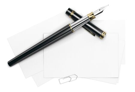 3d illustration of a blank card template over white background with fountain pen and paperclip. Front view.の写真素材
