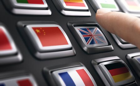 Finger pressing multilingual support buttons and choosing english language. Composite image between...