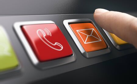 Man pressing an email button on a contact panel. Composite image between a finger photography and a...