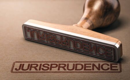 3D illustration of a rubber stamp with the word jurisprudence printed on paper background