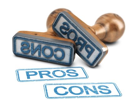 Two rubber stamps with the words pros and cons printed on white background. 3d illustration.の写真素材