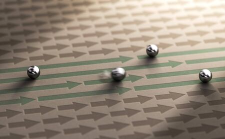 3D illustration of long and short arrows with spheres moving from left to right. Concept of...