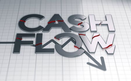 3D illustration of the text cash flow over a crisis chart. The words are broken.の写真素材