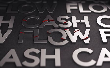 3D illustration of the text cash flow over black background. The words are broken. Concept of crisis and companies solvency.の写真素材