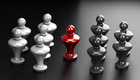 3D illustration of two groups of white and grey pawns and a mediator in the middle. Abstract concept of arbitration between two parties.の写真素材