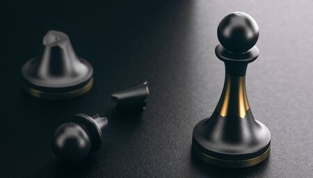 3D illustration of a broken pawn and another one repaired by using of a golden part. Black background. Positive psychology and resilience concept.の写真素材