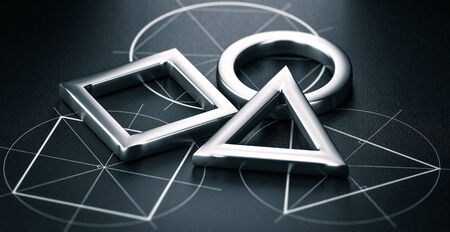 3D illustration of basic geometric shapes, triangle, circle and square over white drawings drawn on a black background. Concept of mathematics and geometry.の写真素材