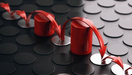 Arrows bouncing over red obstacles. Black background. Concept of overcoming barriers and resilience. 3D illustration.の写真素材