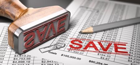 Rubber stamp with the word save printed over loan or mortgage document.  Concept of brokerage and saving money. 3d illustration.の写真素材