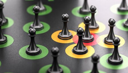 3d illustration of pawns over black background with red, orange and green circles representing...