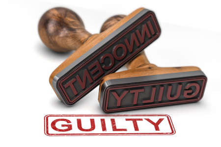 Two rubber stamps over white background with the words innocent and guilty, focus on the second one. 3d illustrationの写真素材