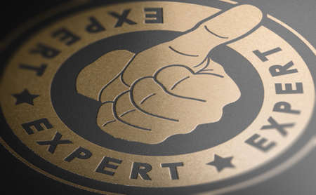 3d illustration of a golden stamp with the word expert and a hand with thumb up over black background.  Professional services label.の写真素材