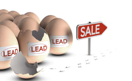 3D illustration of conceptual eggs, bird paw prints and red sign over white background. Lead nurturing concept.の写真素材