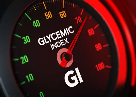 3D illustration of a conceptual GI counter that measures Glycemic Index on a scale from 0 to 100.