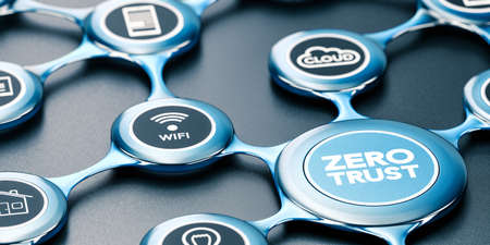 3D illustration of a blue network with icons and the text zero trust written on the front..の写真素材
